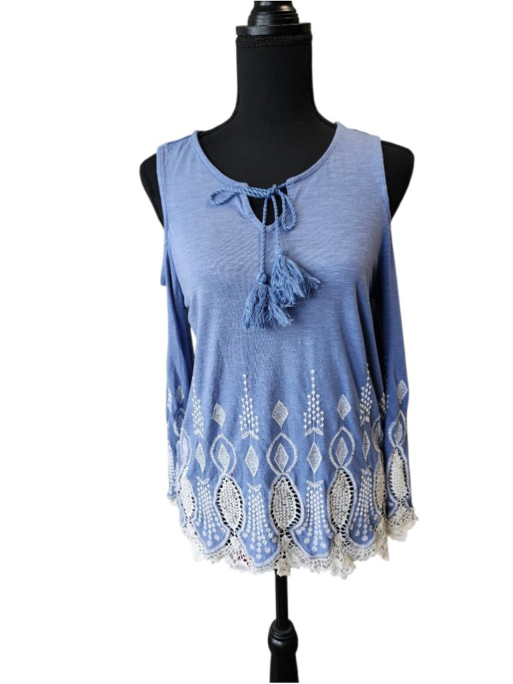 Chico's Blue Cold Shoulder Tunic Top with White Embroidery